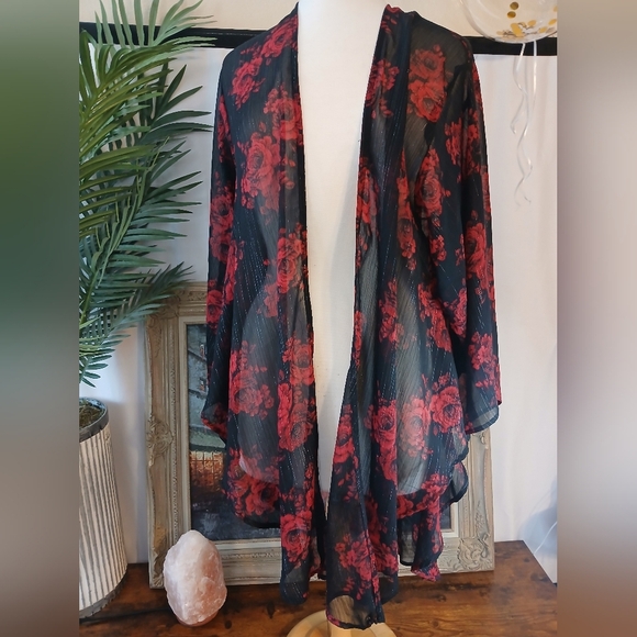 torrid Jackets & Blazers - Torrid ROSE Black and Red Chiffon Floral Kimono One Size Xl- 1 X